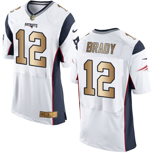 Nike Patriots #12 Tom Brady White Men's Stitched NFL New Elite Gold Jersey - Click Image to Close